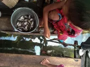 An overhead shot of a child fishing from a stilt home