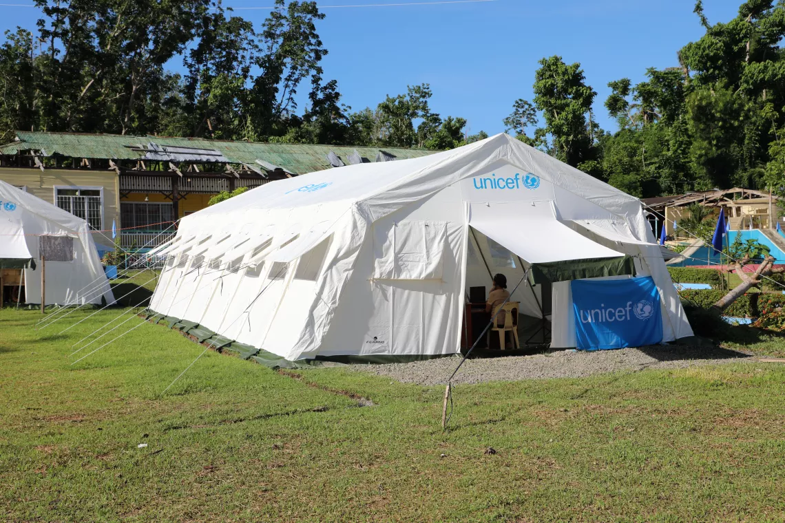 A UNICEF tent being used as a temporary learning space