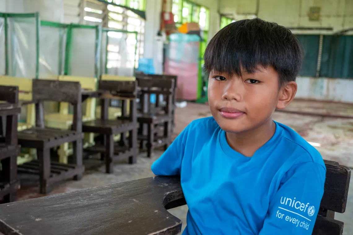 Rabb, 11, is one of the recipients of the UNICEF student packs