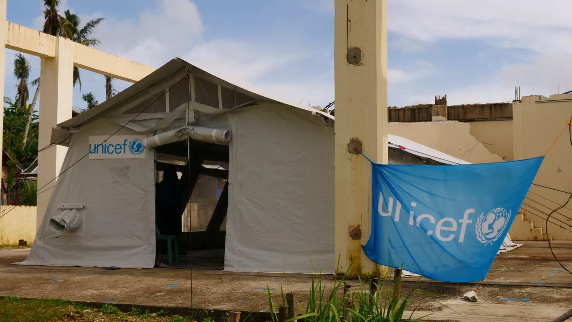 A UNICEF tent serving as a Temporary Learning Space in Mabuhay Elementary School