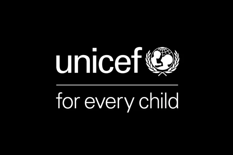 UNICEF logo with tagline "for every child" against a black background