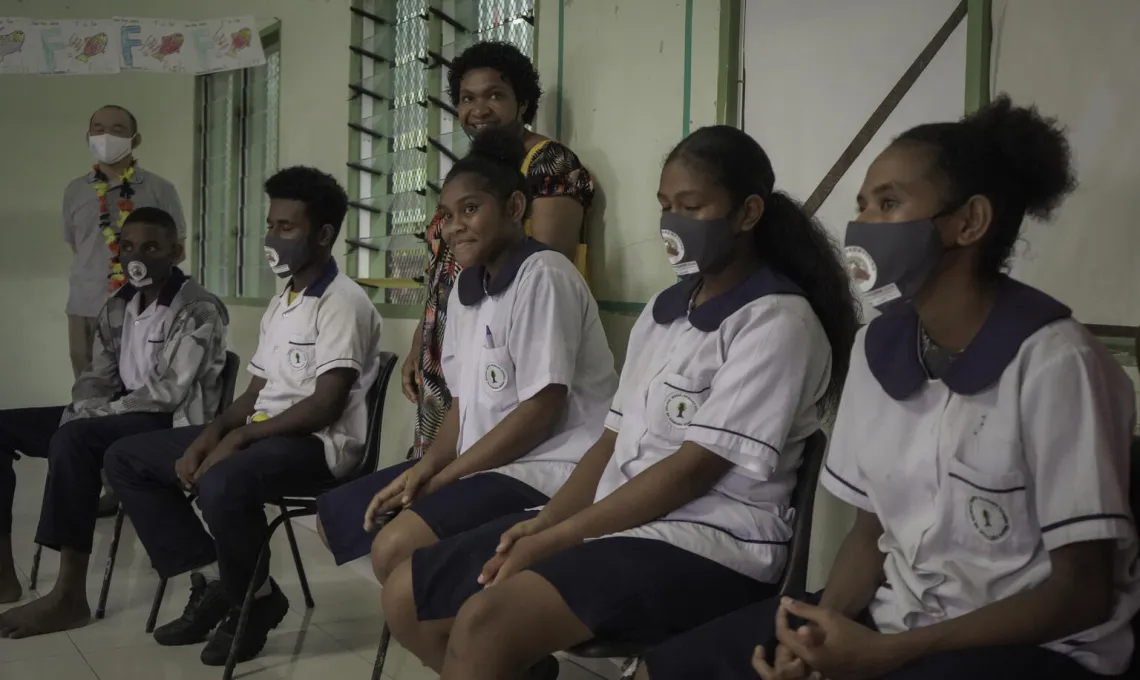 Sevese Morea Primary School students engage with the visiting GPE team.