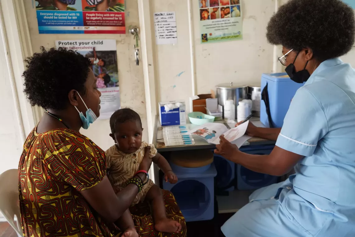 5-month-old Gabriel missed out on his 4th clinic visit when his family moved from one province to another recently. He is at the 6 Mile Clinic in Port Moresby for his catch up immunisation.