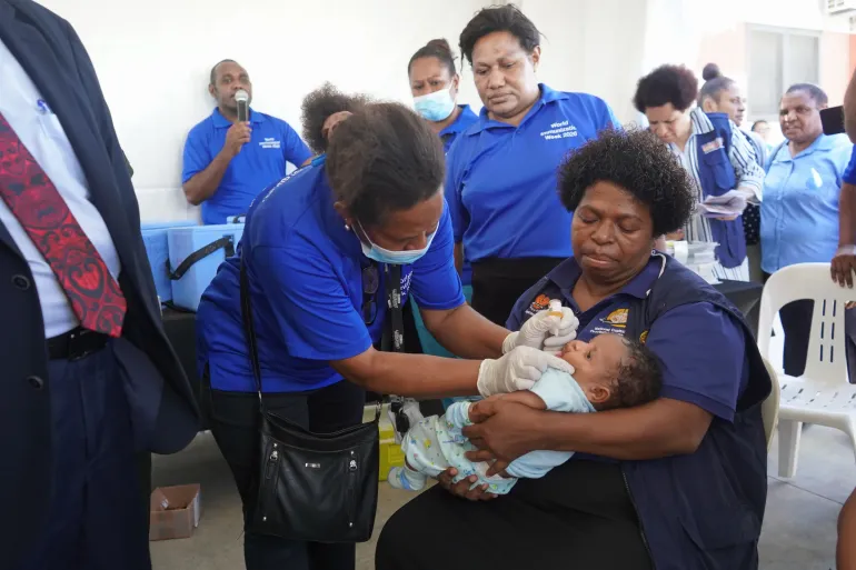 Five-week-old Jason kicks off the third round of the polio vaccination in Papua New Guinea today