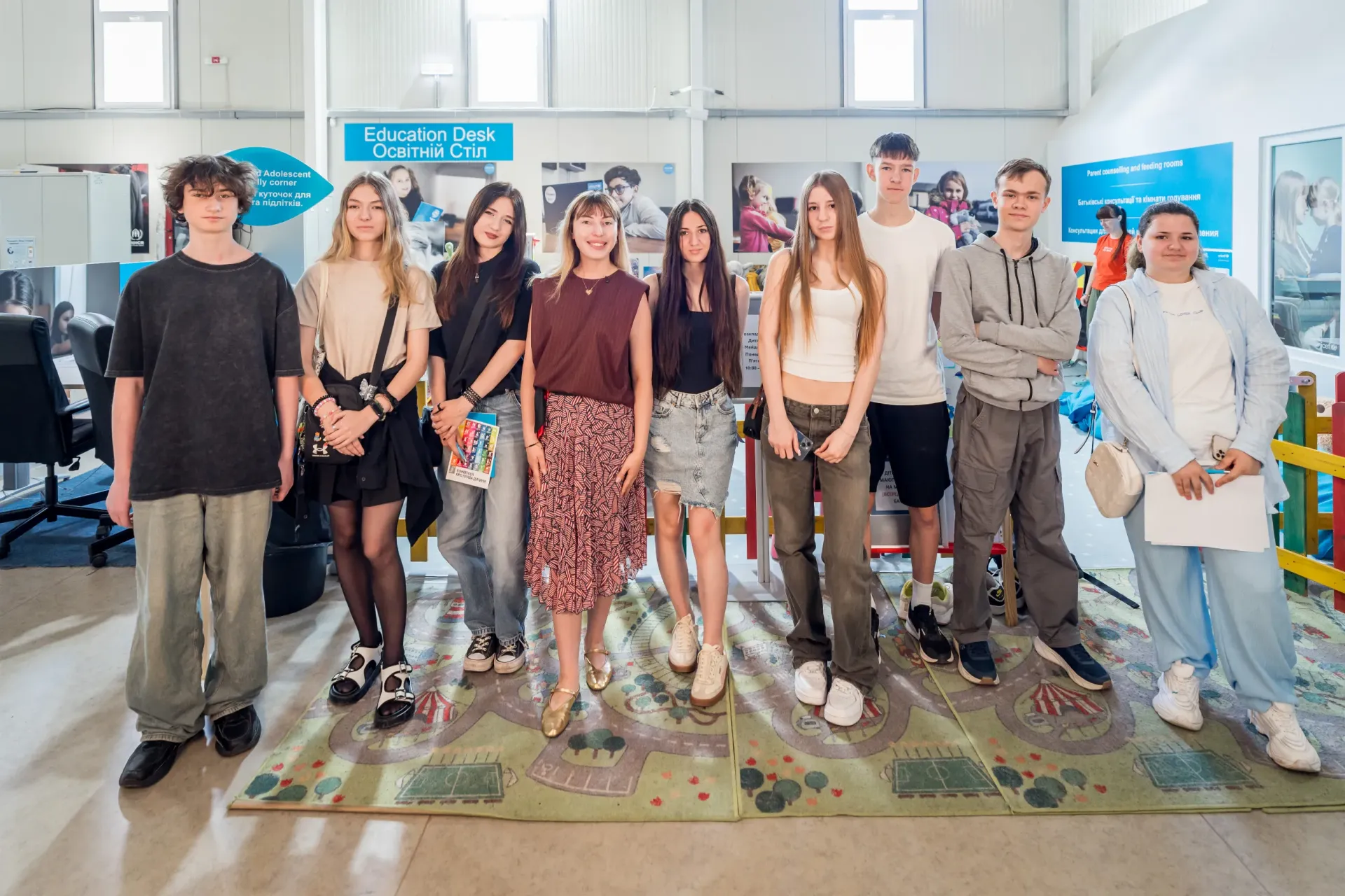 A group of Ukrainian refugee children photographed at the Romexpo Community Center