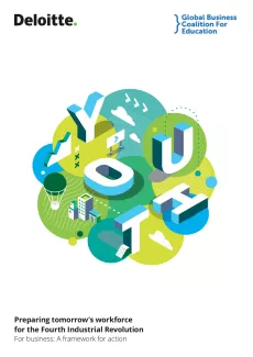 At the top of the image are Deloitte's and The Global Business Coaltion for Education's Logos. In the center is a blue and green graphic that spells out youth amid cityscape icons. At the bottom is the text, 'Preparing tomorrow’s workforce for the Fourth Industrial Revolution For business: A framework for action'