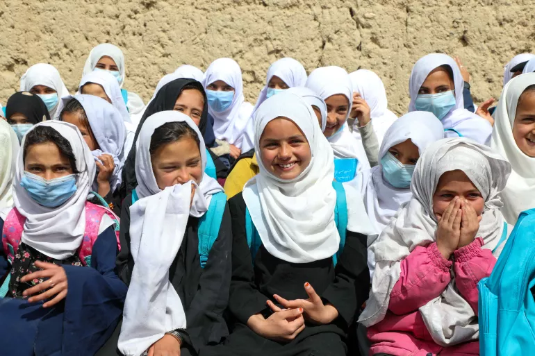 Girls attending a community-based accelerated learning centre in Gulab Khail Village