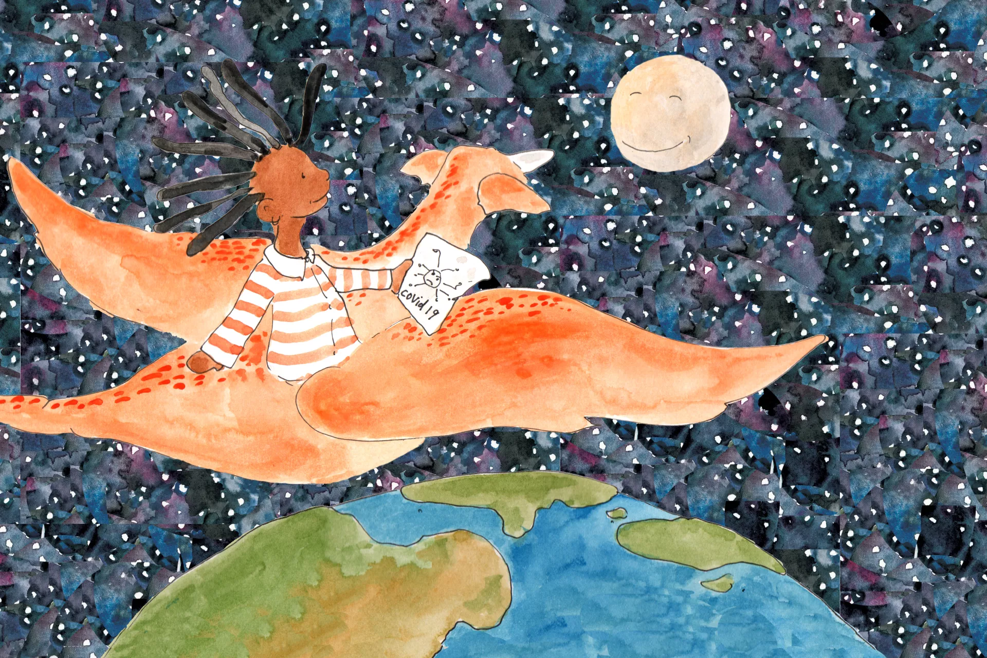 Illustration of a young girl riding a dragon above the earth towards the moon, from UNICEF's story "My Hero Is You" about how kids can fight COVID-19.