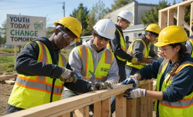Construction crew in safety vests and helmets builds a wooden frame at a job site with tools.