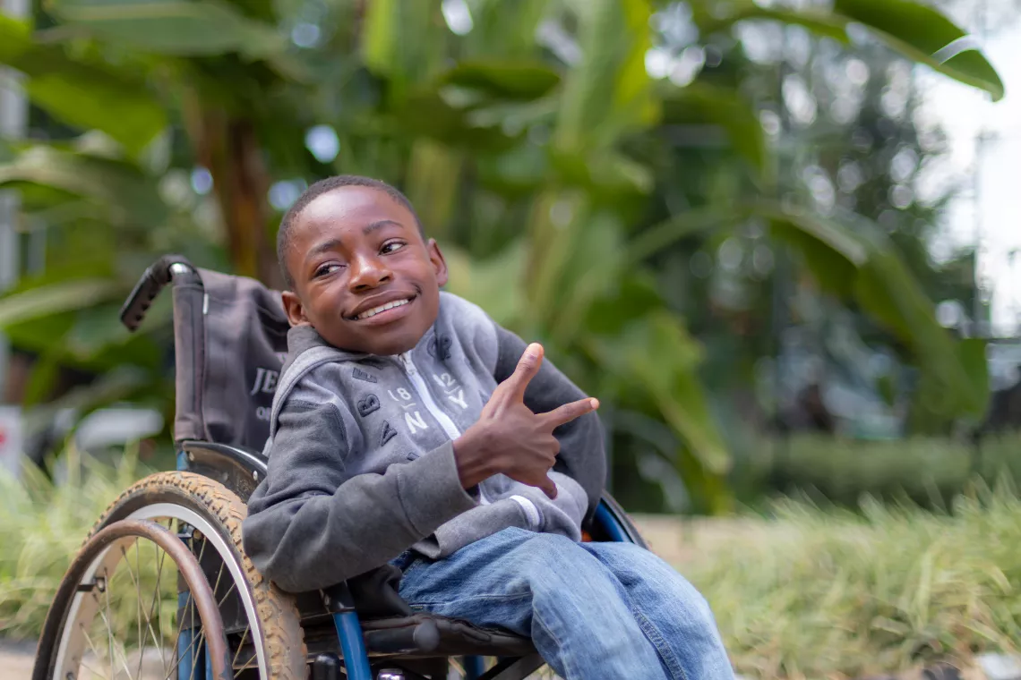 Pacifique Niyonkuru, 15, was born with fragile bones and multiple disabilities. He uses a wheelchair and must be assisted by a friend or sibling. Pacifique participated in UNICEF Activate Talks on the International Day of Persons with Disabilities in Rwanda.