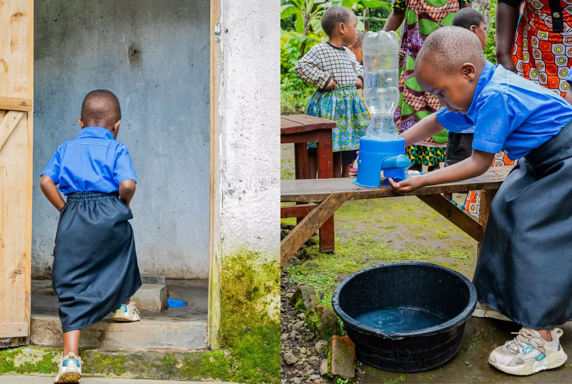 On the left: a girl enters an outdoors toilet. On the right: a girl washes her hands using a blue plastic mobile tap on a chair.