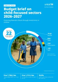 Cover of UNICEF Rwanda's budget brief on child-focused sectors 2026&ndash;2027. Two smiling schoolchildren, a boy using a walking frame and a girl beside him, sit inside a ring chart showing that 22 of every 100 francs in Rwanda's national budget go to children.