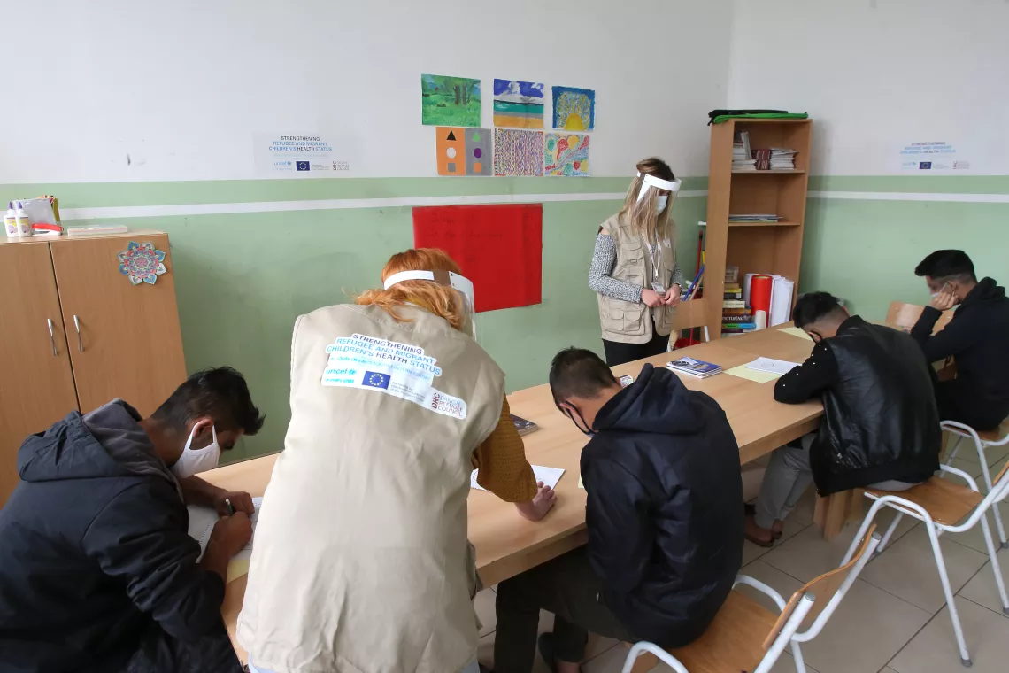 Unaccompanied children participate in workshops at the Refugee Reception Centre in Sjenica.