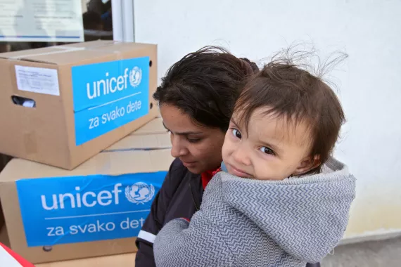 Distribution of UNICEF winter clothes for refugee and migrant children