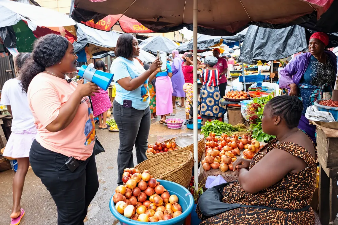 Health workers, Adama and Mantina, sensitize market women at the Congo Market in Freetown on Exclusive Breastfeeding during the World Breast Feeding Week celebrations 