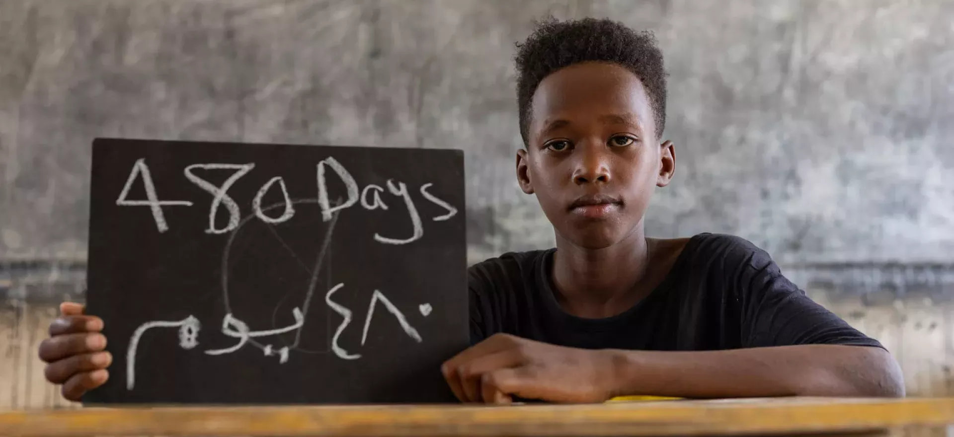 Sudan. A boy sitting at a desk holds up a chalkboard showing how many days he has been out of school.