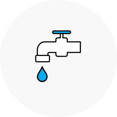 Illustrative icon of a faucet with a blue drip of water.