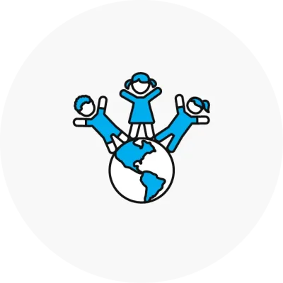 Illustrative icon of three children standing on a globe.