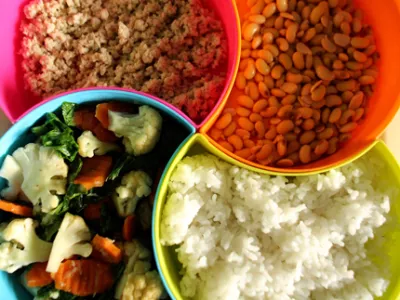 Cooked rice, vegetables, meat and beans have been portioned into small bowls for children at the &lsquo;Baby Caf&eacute; in Pandas Village in Klaten District, Indonesia.