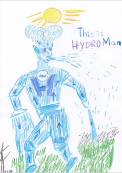 A pencil drawing of a blue superhero named ‘Hydroman’