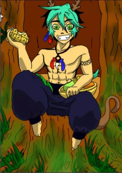 An illustration of a male superhero in a forest, leaning against a tree