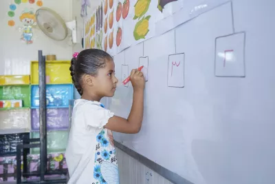 Maria, 6, at the early childhood education class at the UNICEF-supported education centre in Areesha camp, Al-Hassakeh governorate, Syria, on 13 August 2024.