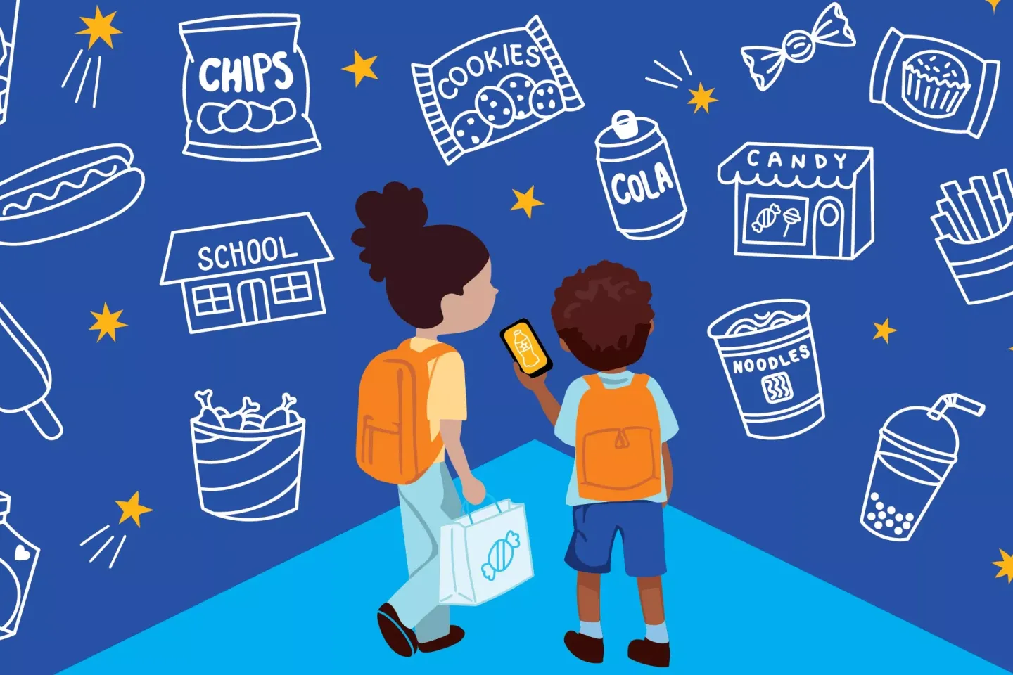 An illustration of two children surrounded by images of fast food items.