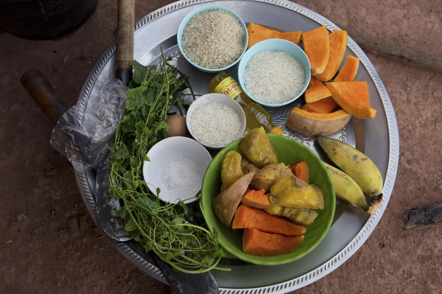 A variety of nutritious foods on display during an outreach session, about healthy and balanced meals to children, in the village of Adone, Ta Oi District, Saravane Province, Lao People&rsquo;s Democratic Republic. 