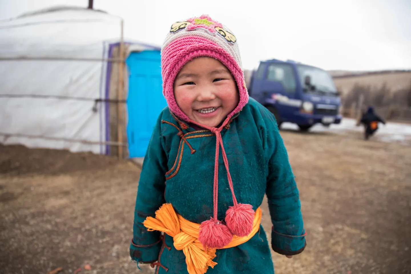 Batyargal Margadma (4), outside the family's ger in Mongolia, 2018.