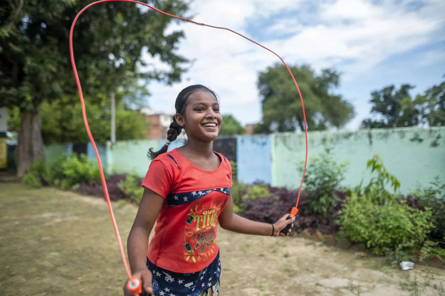 Adolescent girls play outside breaking the taboo of not playing during menstruation in Bazaar Kalika in Varanasi, Uttar Pradesh.
