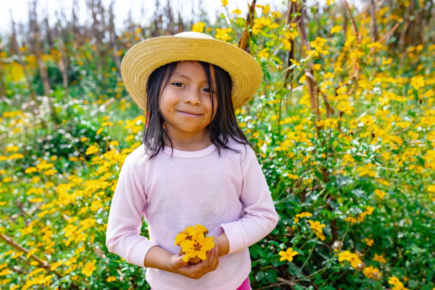 Una ni&ntilde;a sonr&iacute;e con una flor en la mano en medio de un campo de flores en Guatemala.