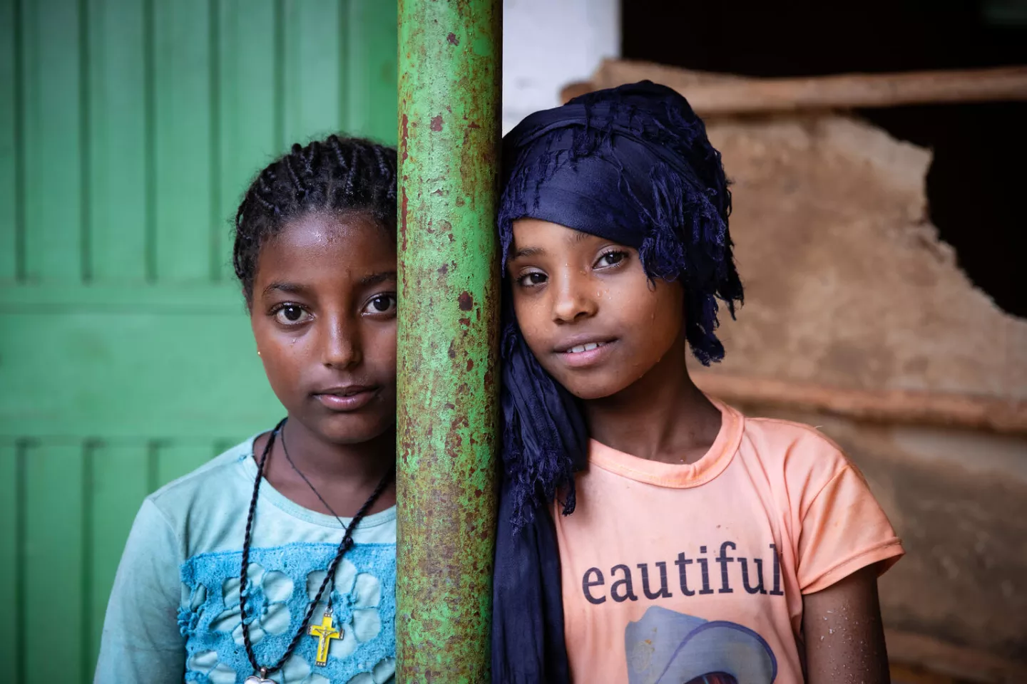 Fetiya (right) and her friend at the Bambassi camp for internally displaced people in Ethiopia 