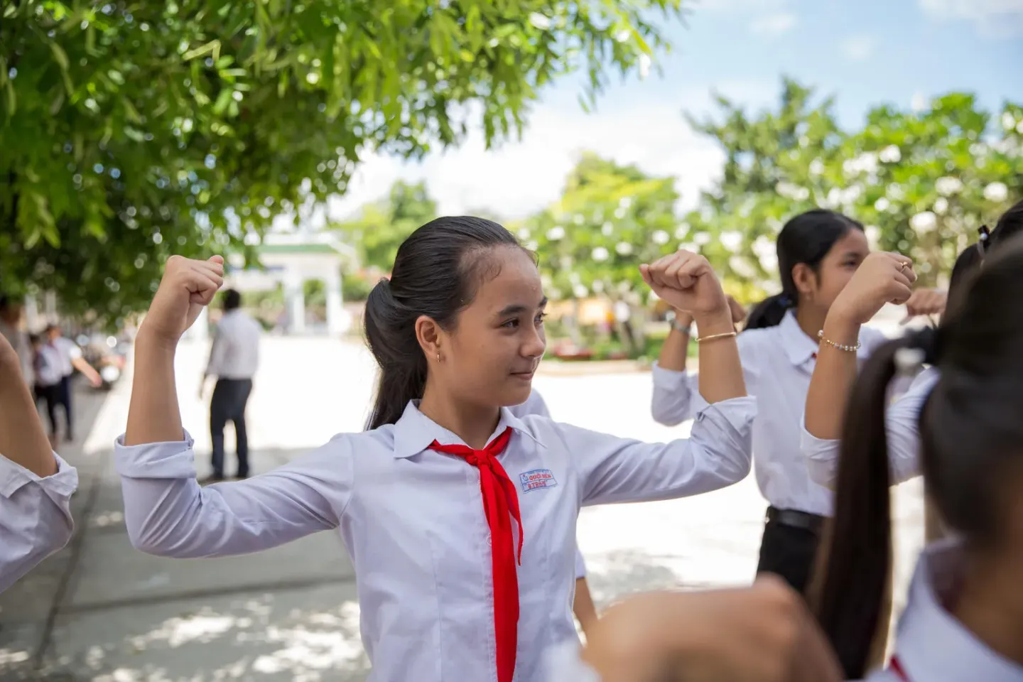 Vietnamese students in the Mekong Delta practise the hand washing challenge dance.