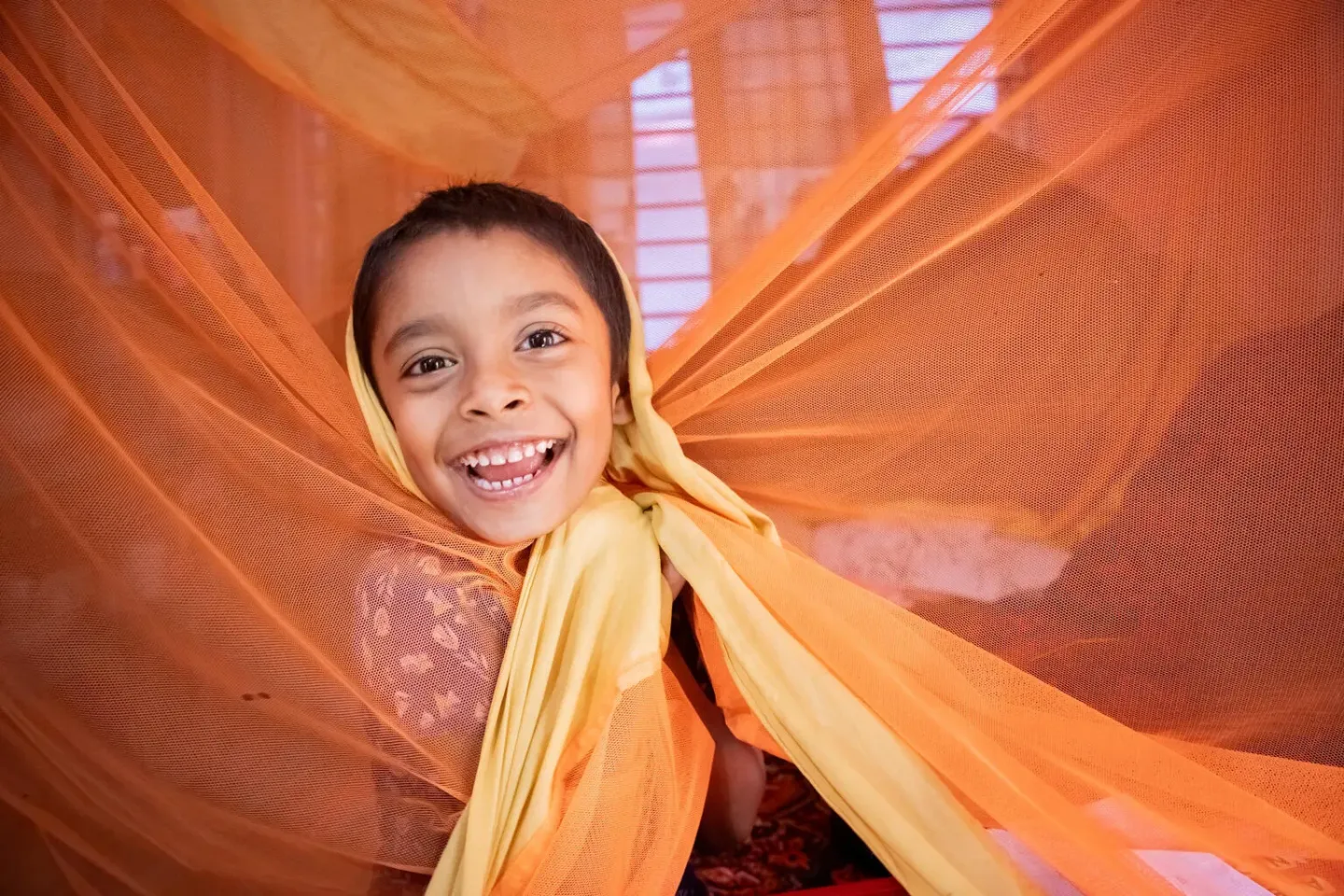 A 5-year-old child wraps himself with a mosquito net