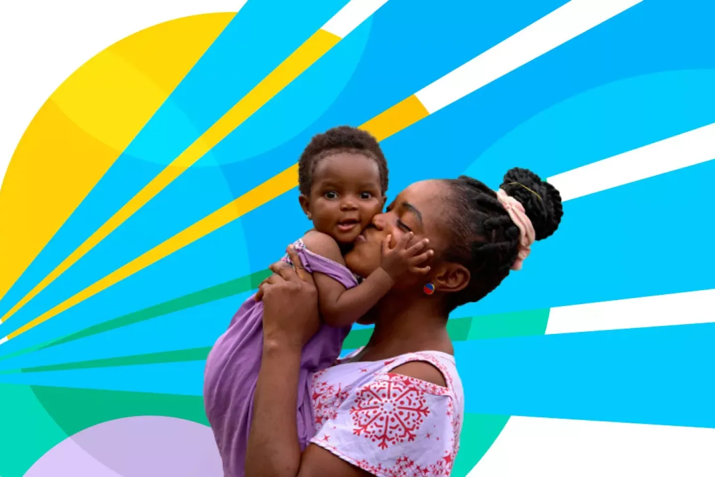 A mother kisses and holds up her baby. Colourful blue lines and circles are illustrated in the background.