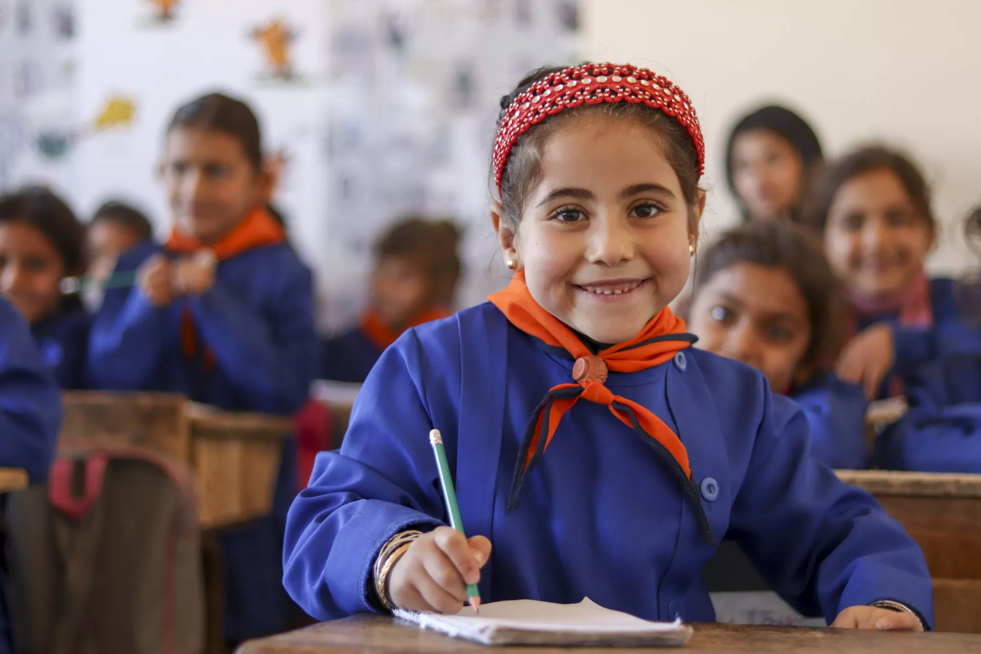 Catherine, 6, attends classes in a school in Maskana, in eastern rural Aleppo, Syrian Arab Republic.