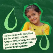 A graphic shows a young girl in a yellow shit next to positive messaging on polio.