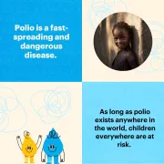 A polio awareness graphic showing facts, cartoon droplets, and a photo of a young child.