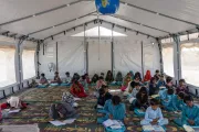 Pakistan. Children study at a UNICEF-supported temporary learning centre in Mairpur Khas, Sindh Province.