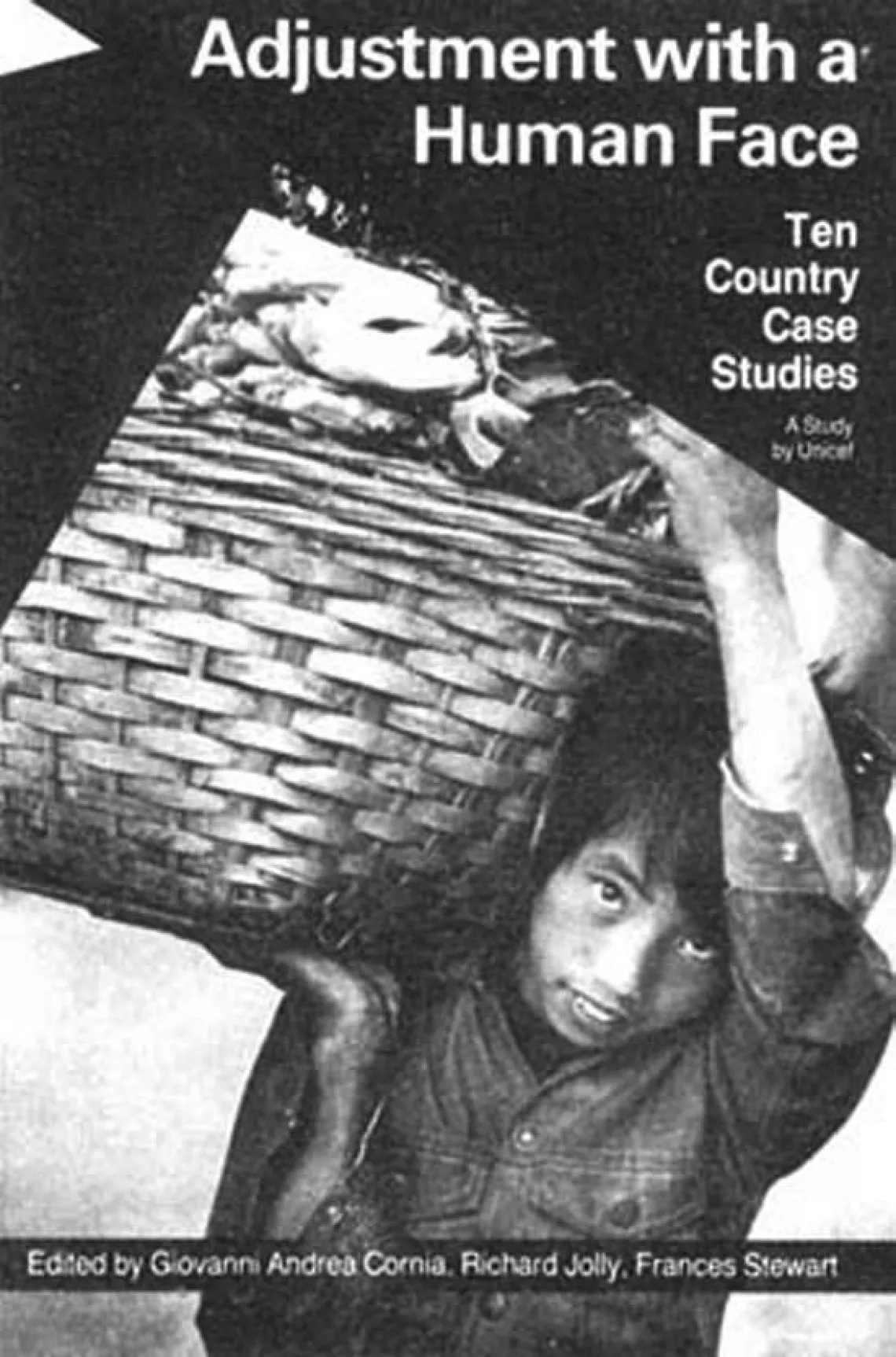 Cover of the report Adjustment with a Human Face featuring a boy carrying a large basket on his shoulders.