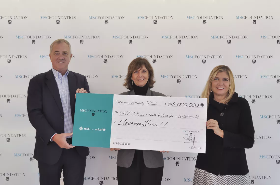 Pierfrancesco Vago (Executive Chairman MSC Cruises), Bettina Junker (CEO UNICEF Switzerland and Liechtenstein) and Daniela Picco (Executive Director MSC Foundation) with 11million EUR cheque.
