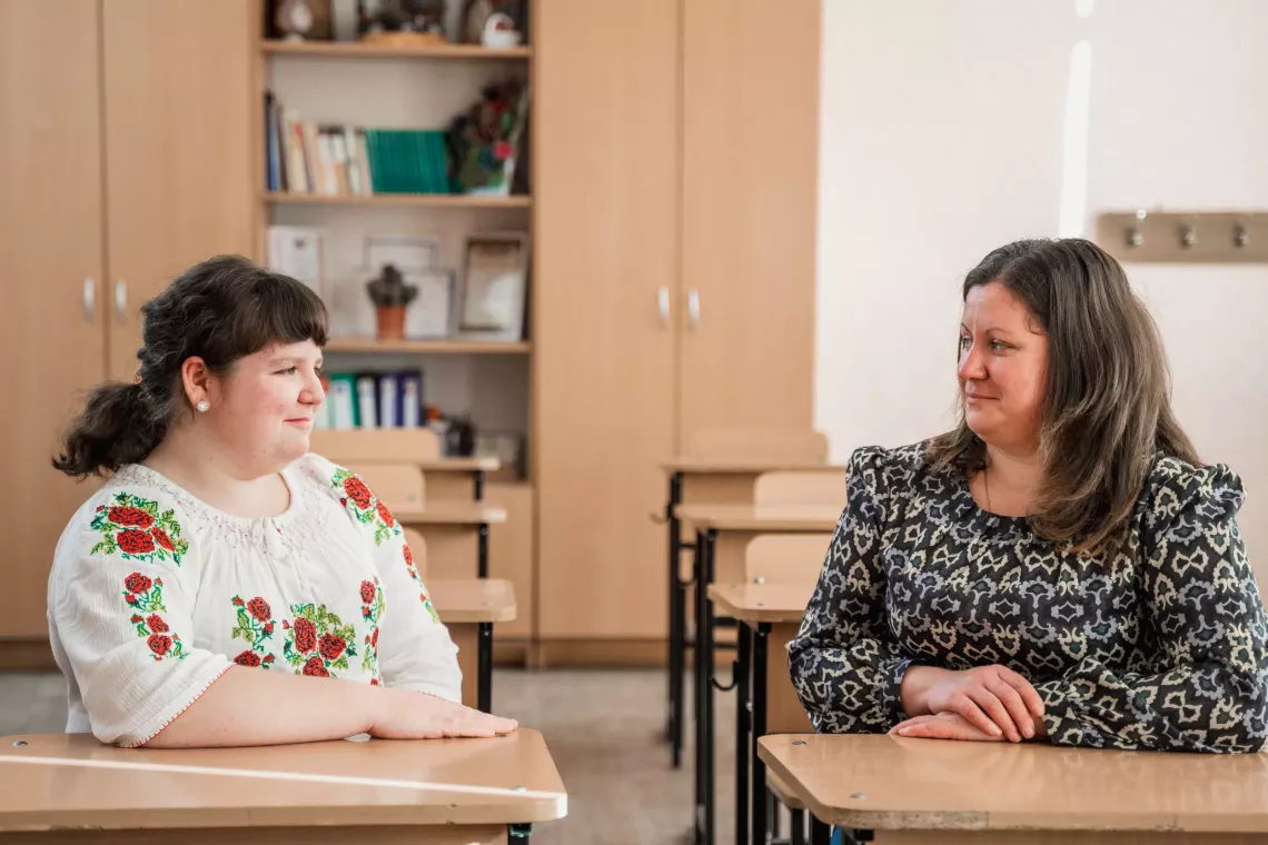 Republic of Moldova: Marina, 15, mother is Raisa in class. Marina has special educational needs (SEN), she learns in an inclusive school in Nisporeni, being helped by a support teacher.