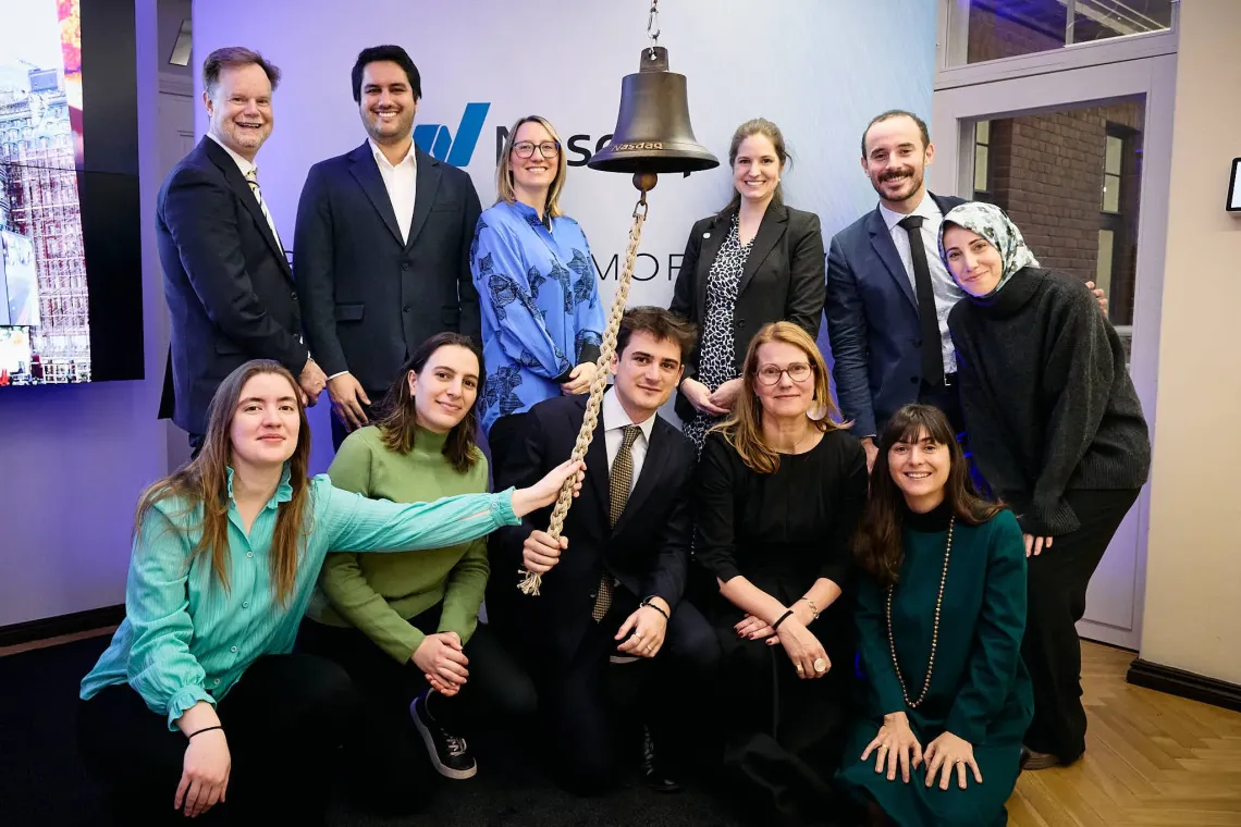 Innovative Finance Hub team with UN Sustainable Stock Exchanges team at the bell-ringing event at Nasdaq Helsinki in November 2025.
