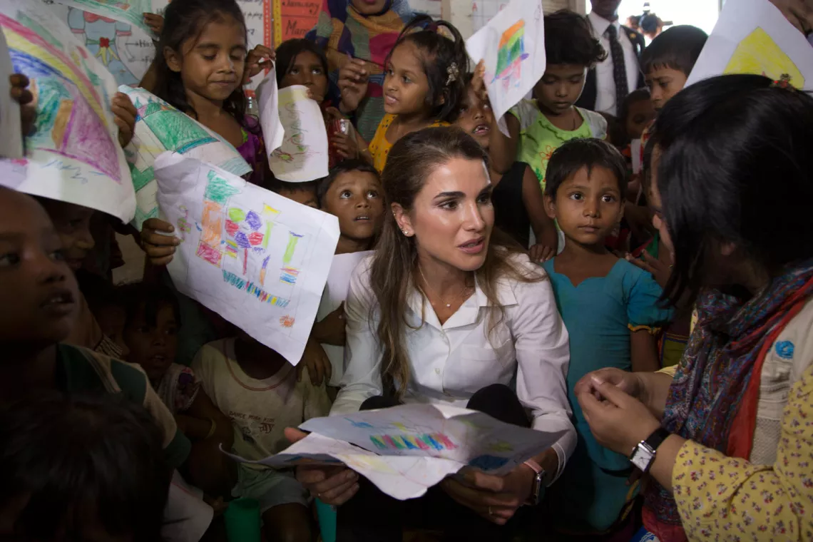 On 23 October 2017, UNICEF Eminent Advocate for Children Her Majesty Queen Rania Al Abdullah of Jordan visits the Projapati Unicef learning centre in Kutupalong refugee camp in Ukhia, Cox&rsquo;s Bazar district, Bangladesh. 
