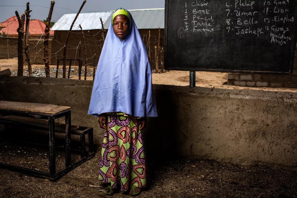 Hawa,12, stands in Sabo Garawi Primary School in Gwoza, in northeast Nigeria. 