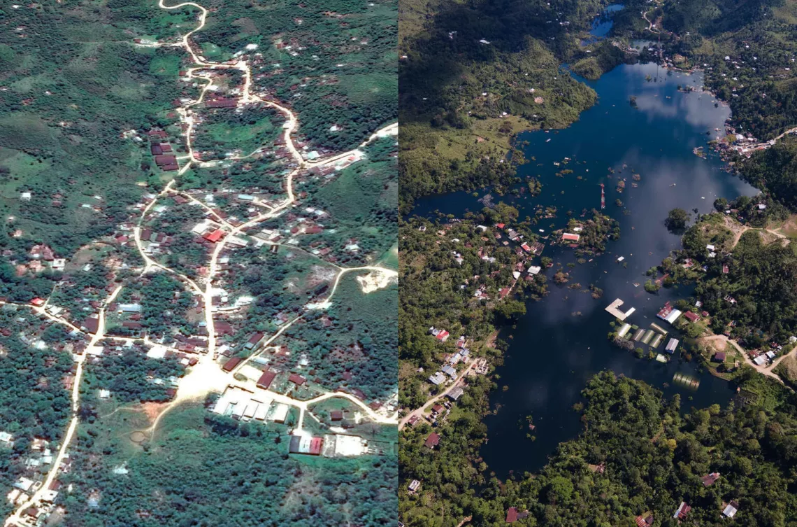 Foto montaje: a la izquierda, una imagen de Google Earth del pueblo de Campur, Alta Verapaz, Guatemala. A la derecha, una imagen de un dron tomada en la misma zona el 3 de diciembre de 2020. Muchos pueblos como Campur todav&iacute;a est&aacute;n afectados por las inundaciones o aislados.