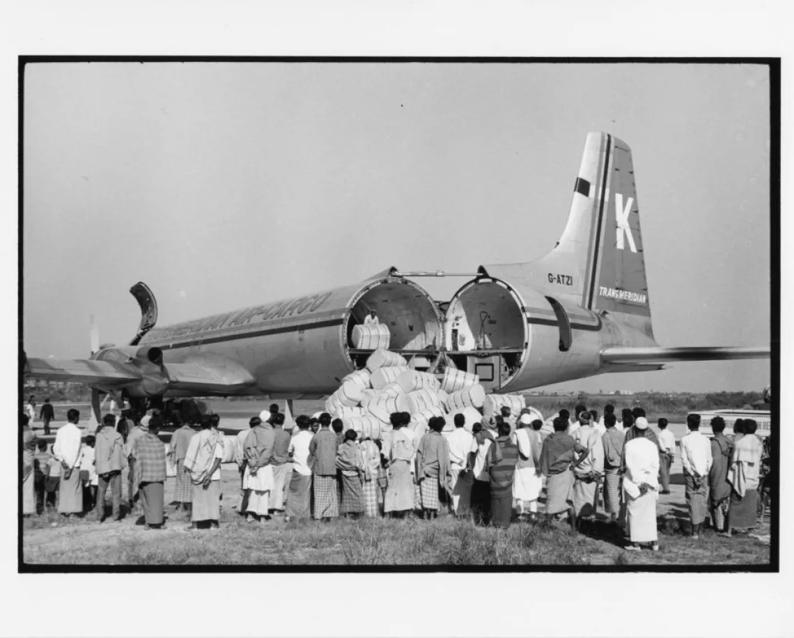 Supplies are unloaded from a plane in Bangladesh.