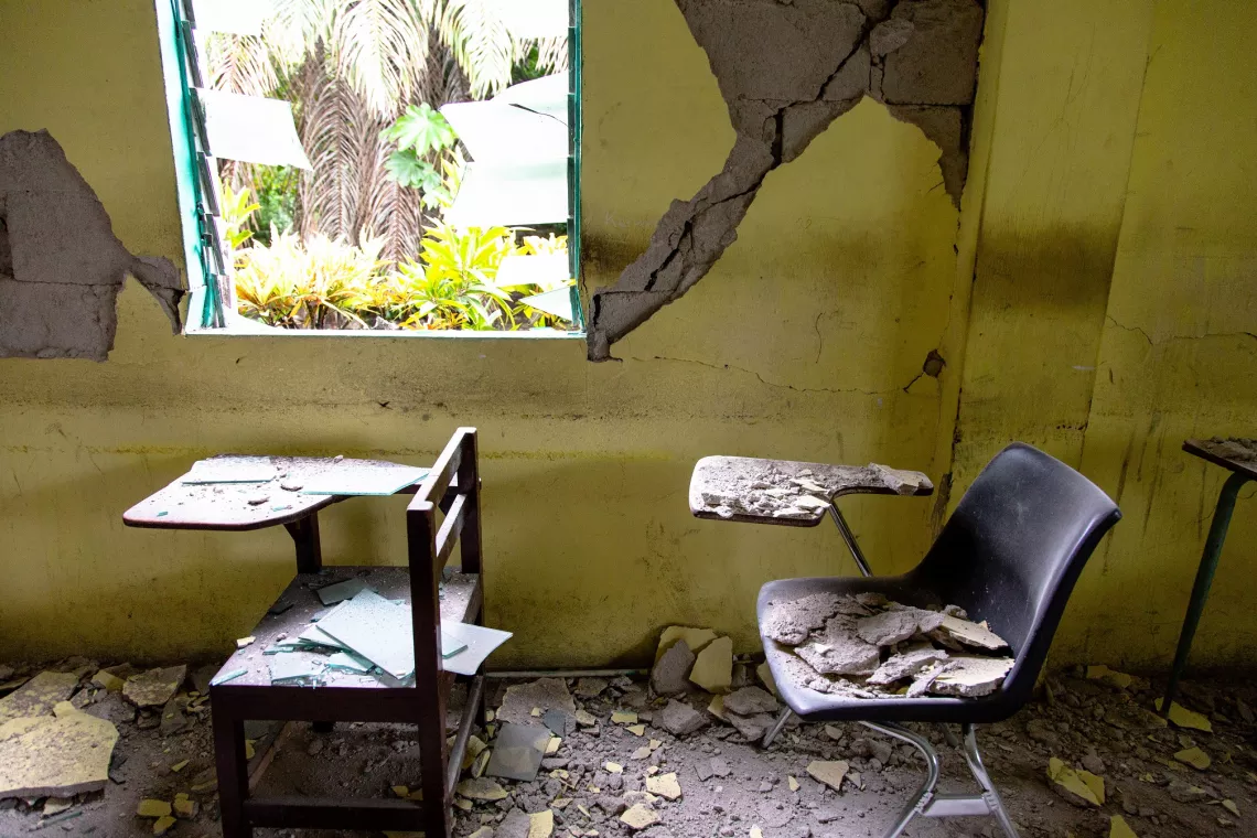 Haiti. A classroom badly damaged by the earthquake is pictured in Les Cayes. 