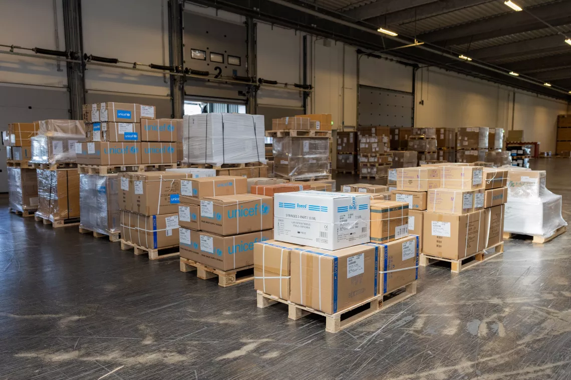 Copenhagen. Health supplies are pictured in a warehouse.