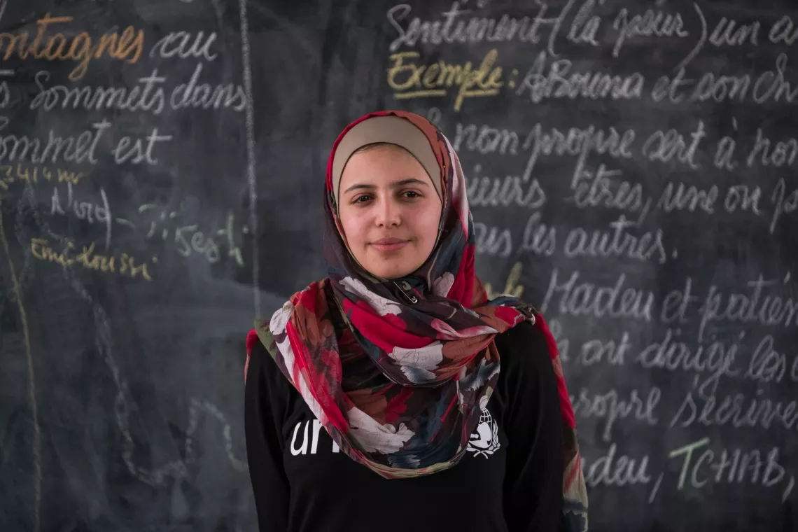 Syrian refugee and education activist Muzoon Almellehan visits a classroom at Yakoua school in Bol, Lake Region, Chad, Friday 21 April 2017. 
